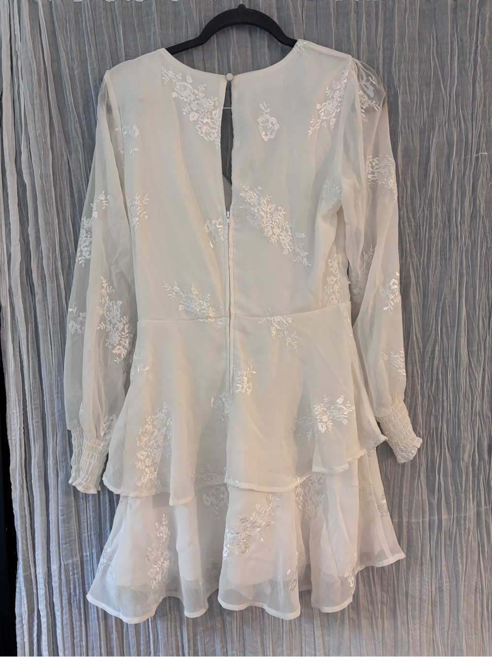 Francesca's Collections Ivory Sheer Floral Tiered Long Sleeve Dress - Picture 3 of 3